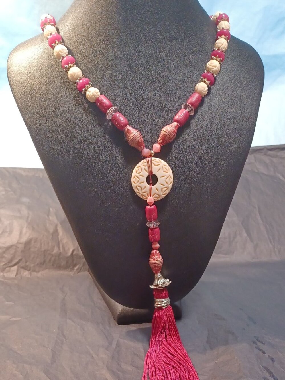 Pink & Paisley Multi-Media Y - Necklace with a Long Bright Burgundy Tassel